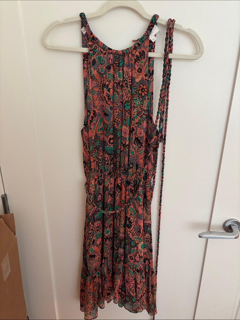A.L.C. Coral and Teal Floral Midi Dress with Braided Tie